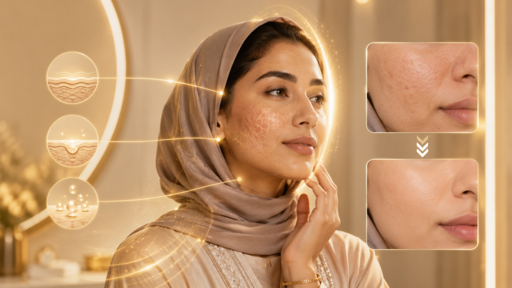 الهدف هو تحسين ملمس البشرة تدريجيًا، وتخفيف مظهر الآثار، وتعزيز الإشراقة والتجانس.